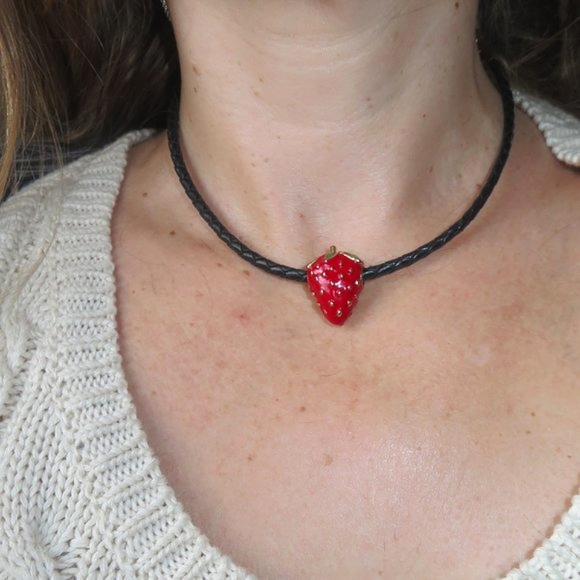 Cute Enamel Strawberry "Summer Delight" Necklace On Black Woven Leather Cord - Picture 8 of 8